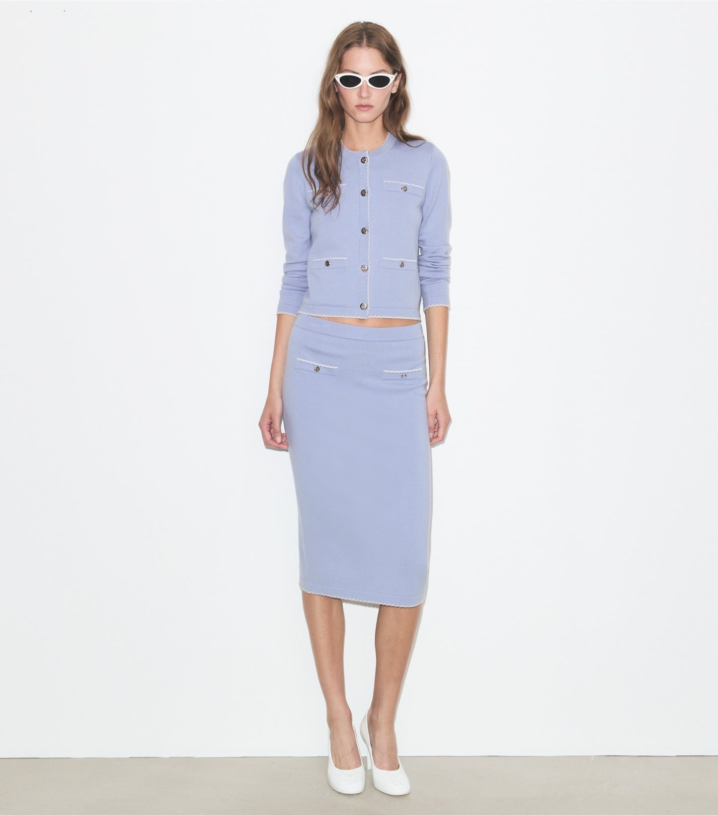Tory Burch Kendra Wool Scalloped Cardigan - Pale Blue / New Ivory