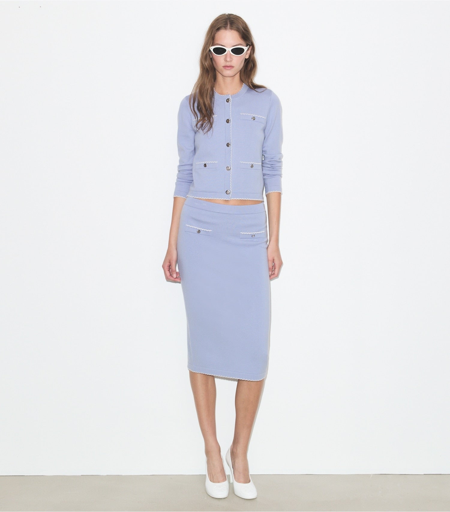 Tory Burch Kendra Wool Scalloped Cardigan - Pale Blue / New Ivory