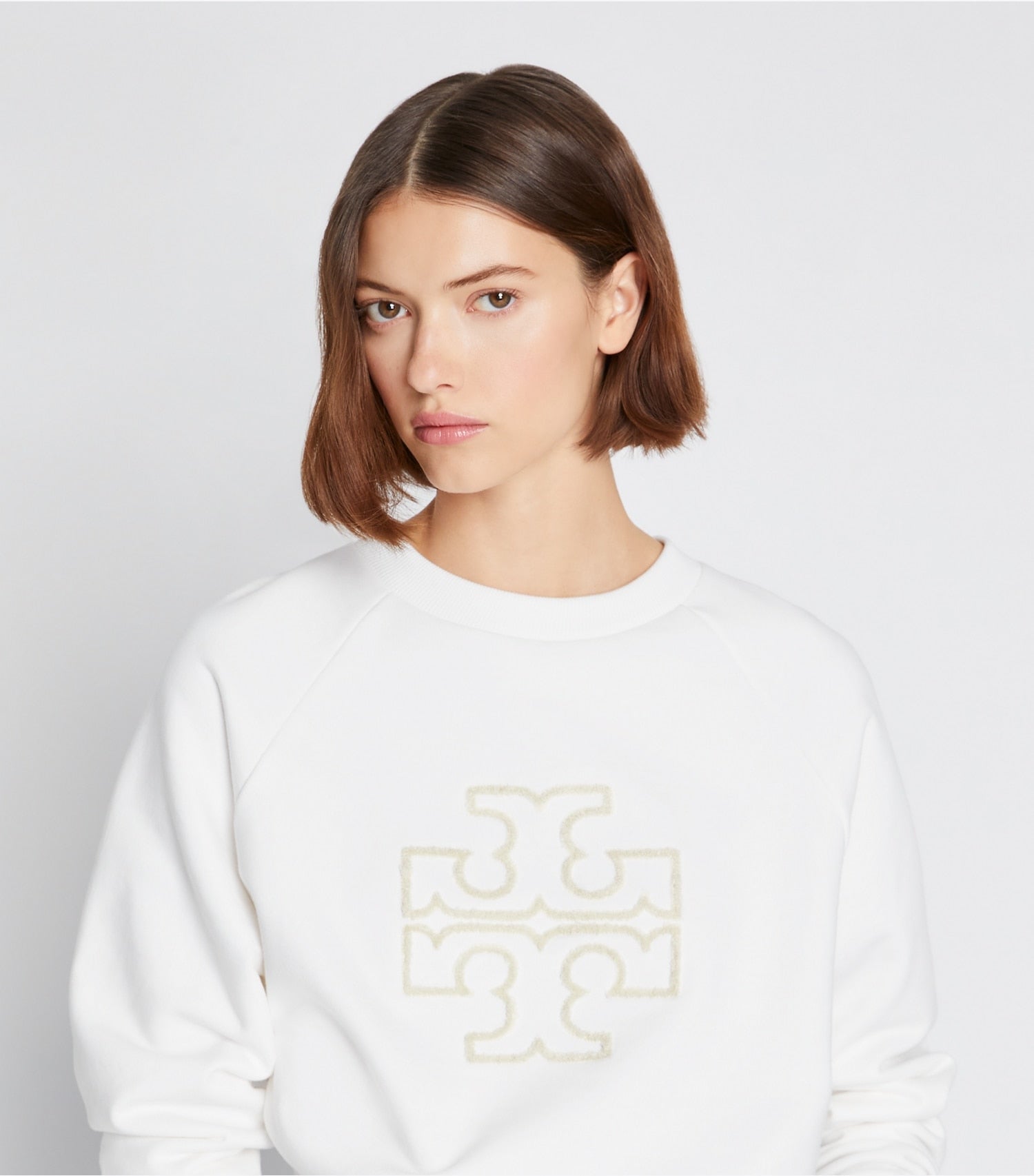 Tory Burch Heavy French Terry Logo Crewneck - Snow White