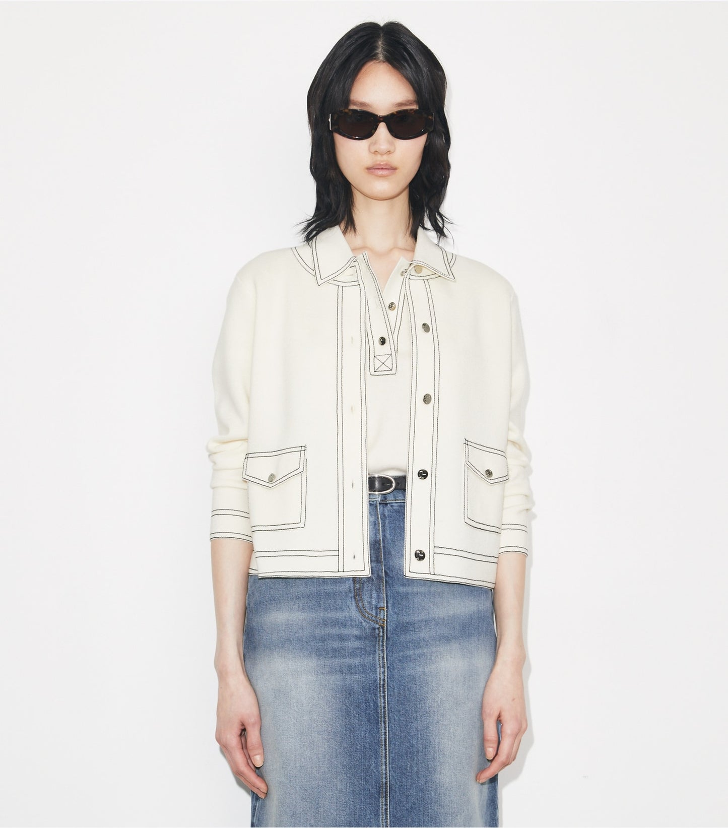 Tory Burch Topstitch Wool Cardigan - New Ivory