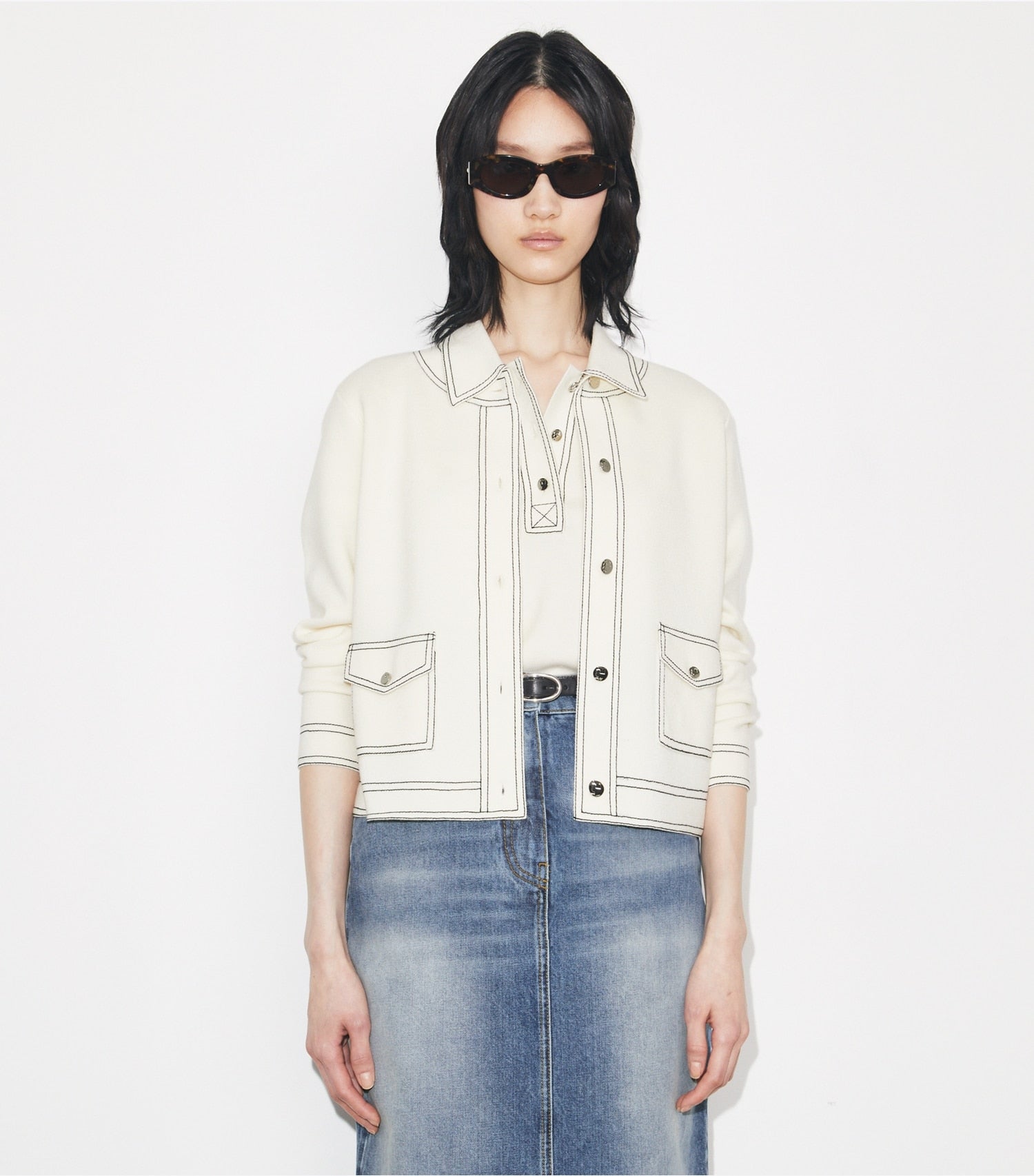 Tory Burch Topstitch Wool Cardigan - New Ivory
