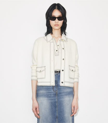 Tory Burch Topstitch Wool Cardigan - New Ivory