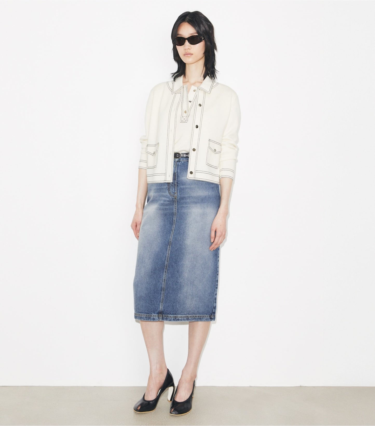 Tory Burch Topstitch Wool Cardigan - New Ivory