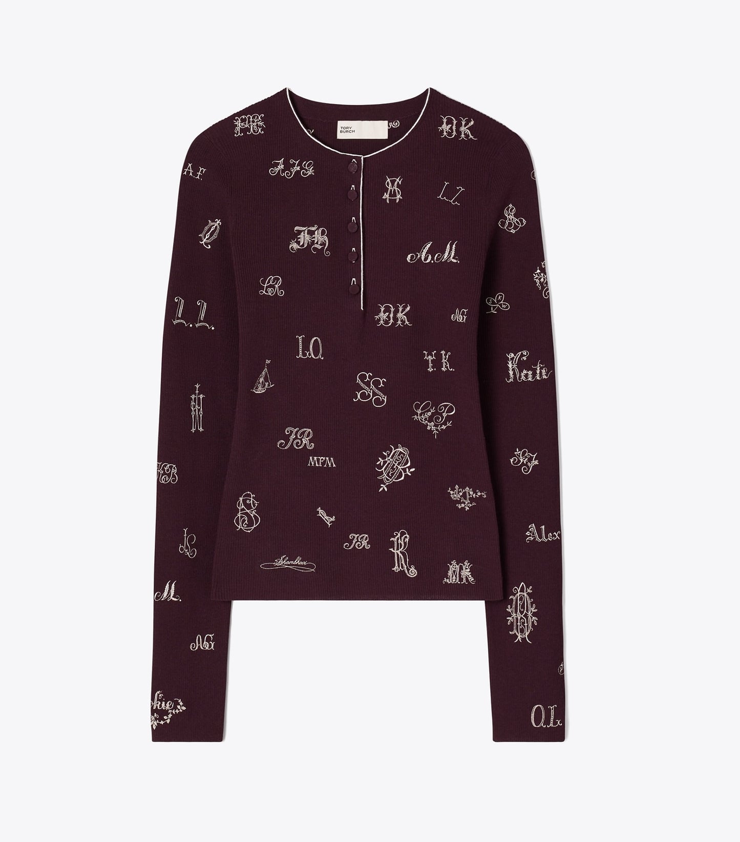 Tory Burch Embroidered Henley Sweater - Evening Plum