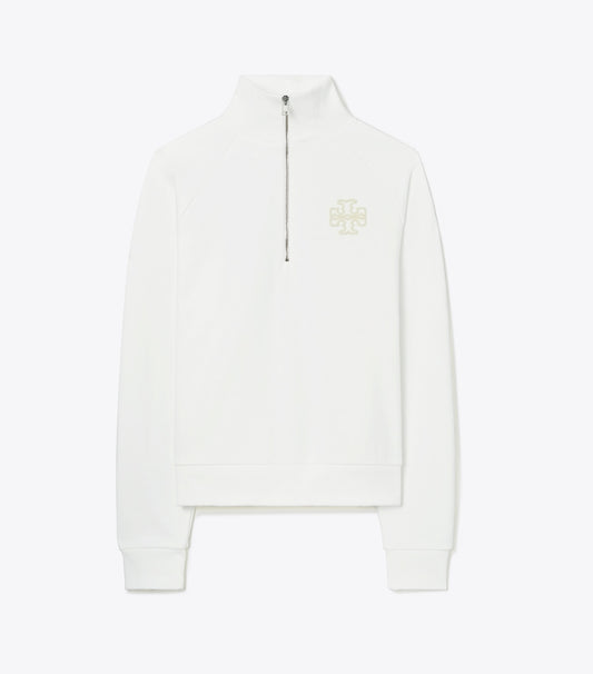 Tory Burch Heavy French Terry Half-Zip Sweatshirt - Snow White