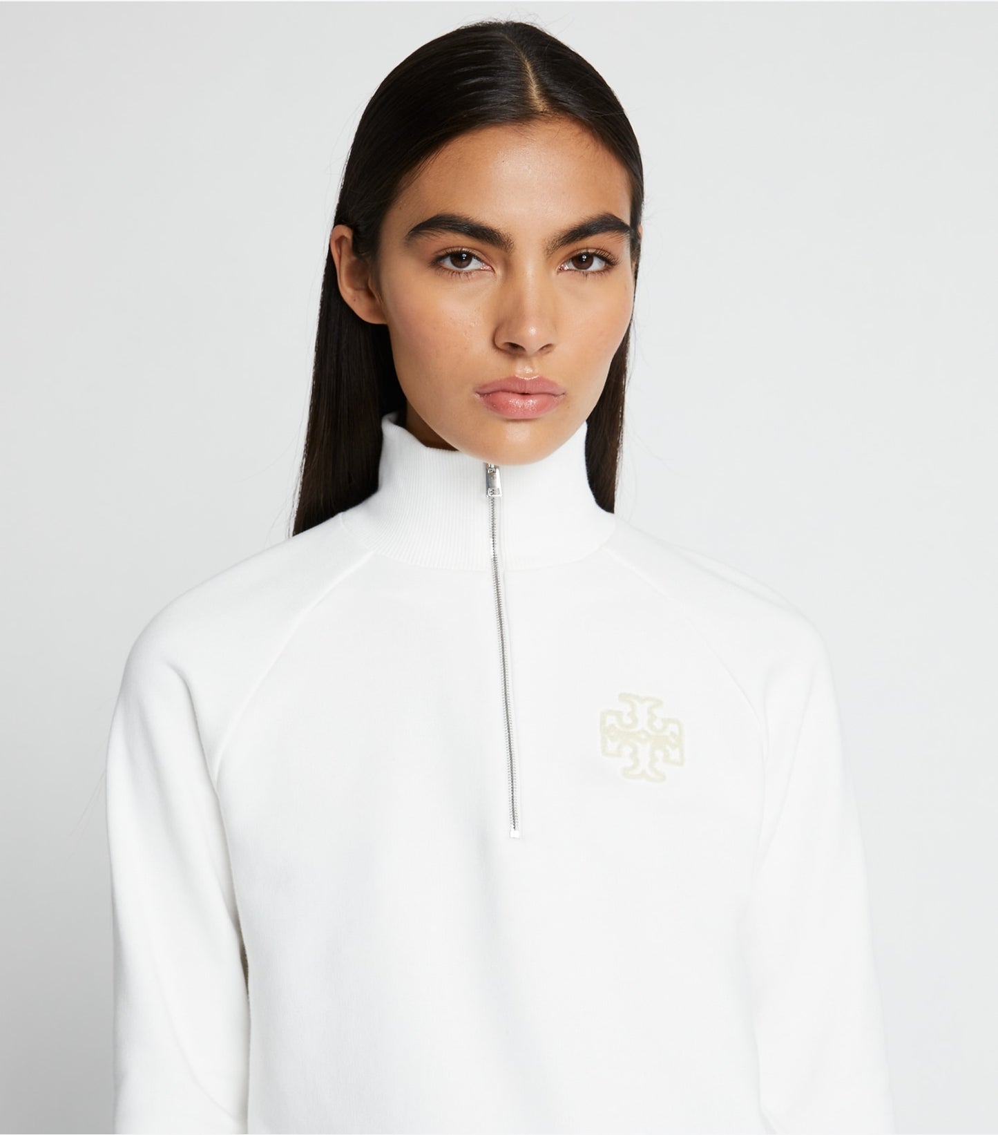 Tory Burch Heavy French Terry Half-Zip Sweatshirt - Snow White