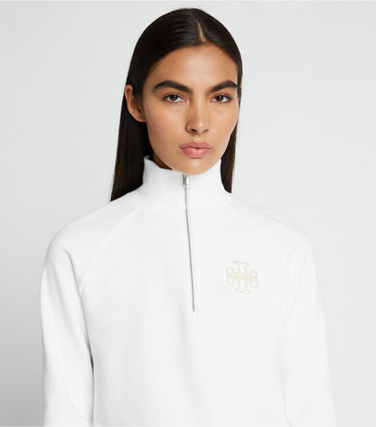 Tory Burch Heavy French Terry Half-Zip Sweatshirt - Snow White