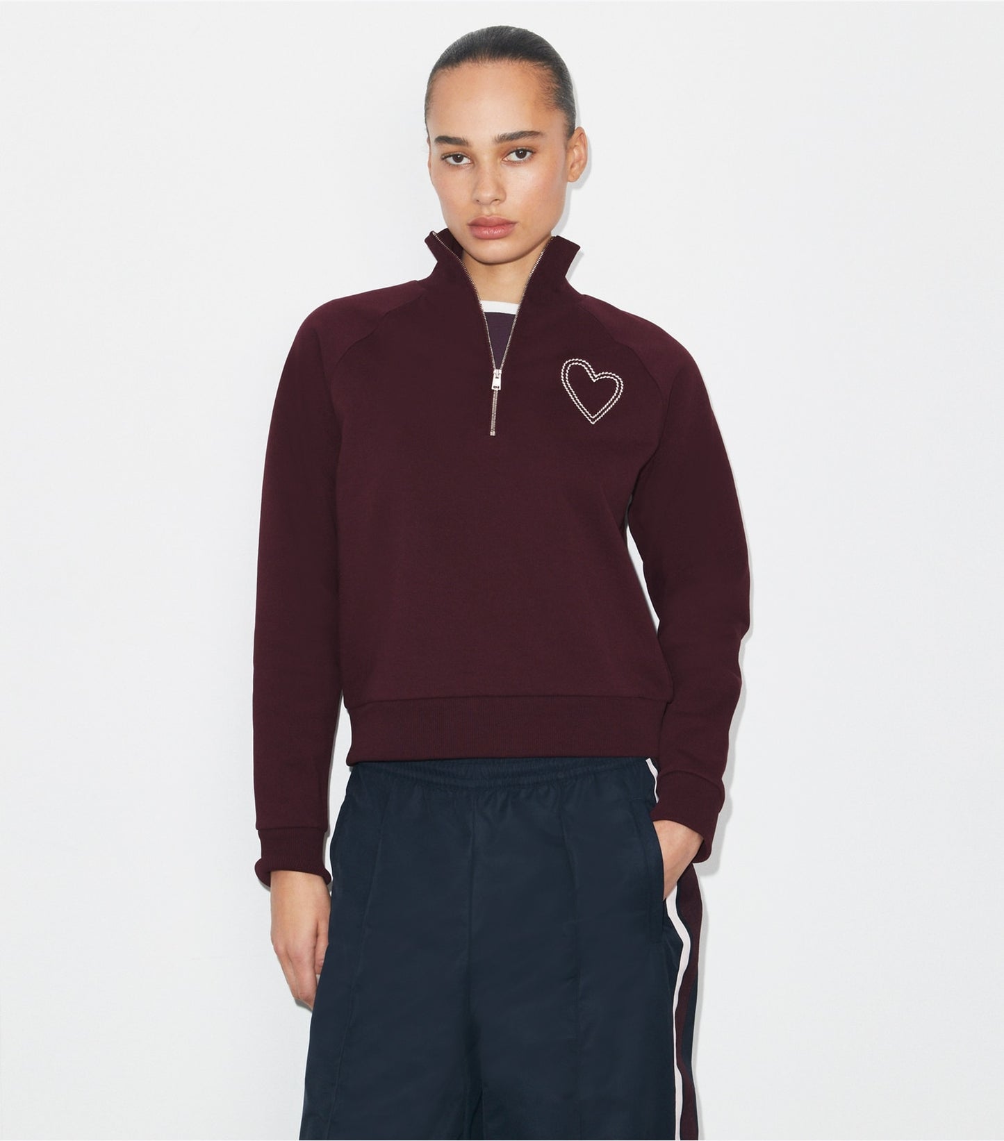 Tory Burch Pick Stitch Heart French Terry Sweatshirt - Dark Merlot