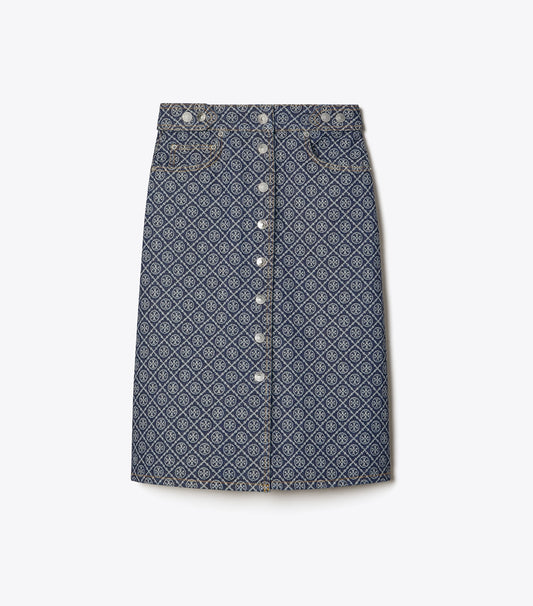 Tory Burch Flared Denim Skirt - T Monogram Stone Wash