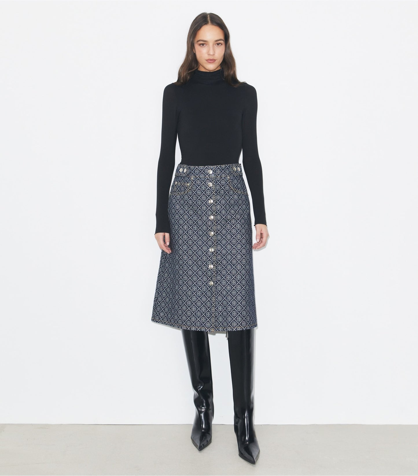 Tory Burch Flared Denim Skirt - T Monogram Stone Wash