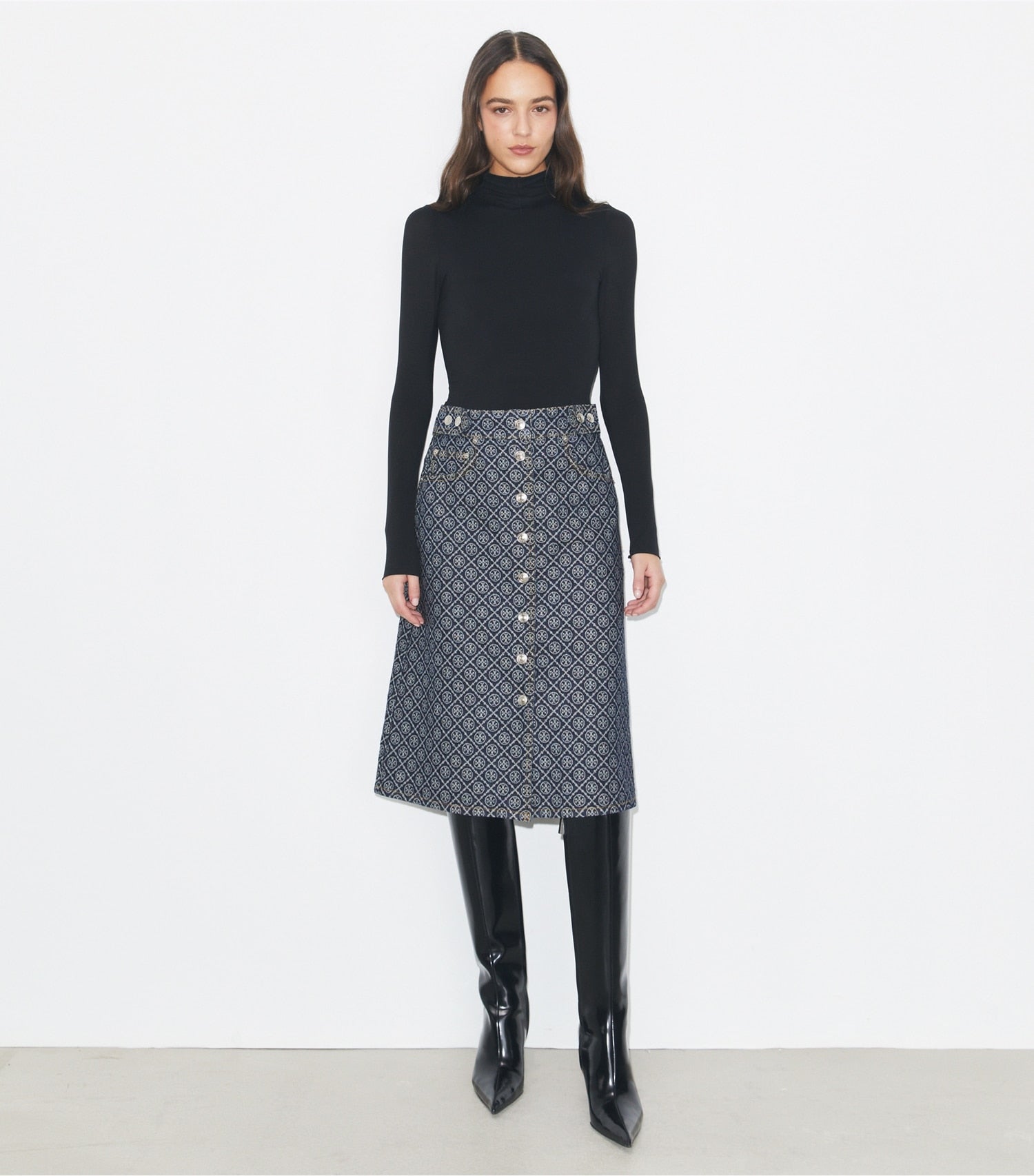 Tory Burch Flared Denim Skirt - T Monogram Stone Wash
