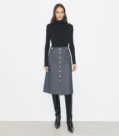 Tory Burch Flared Denim Skirt - T Monogram Stone Wash