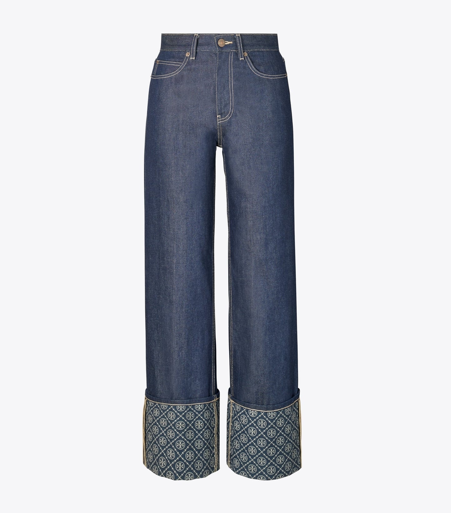 Tory Burch T Monogram Contrast Cuff Straight Leg Jean - Raw/Unwashed