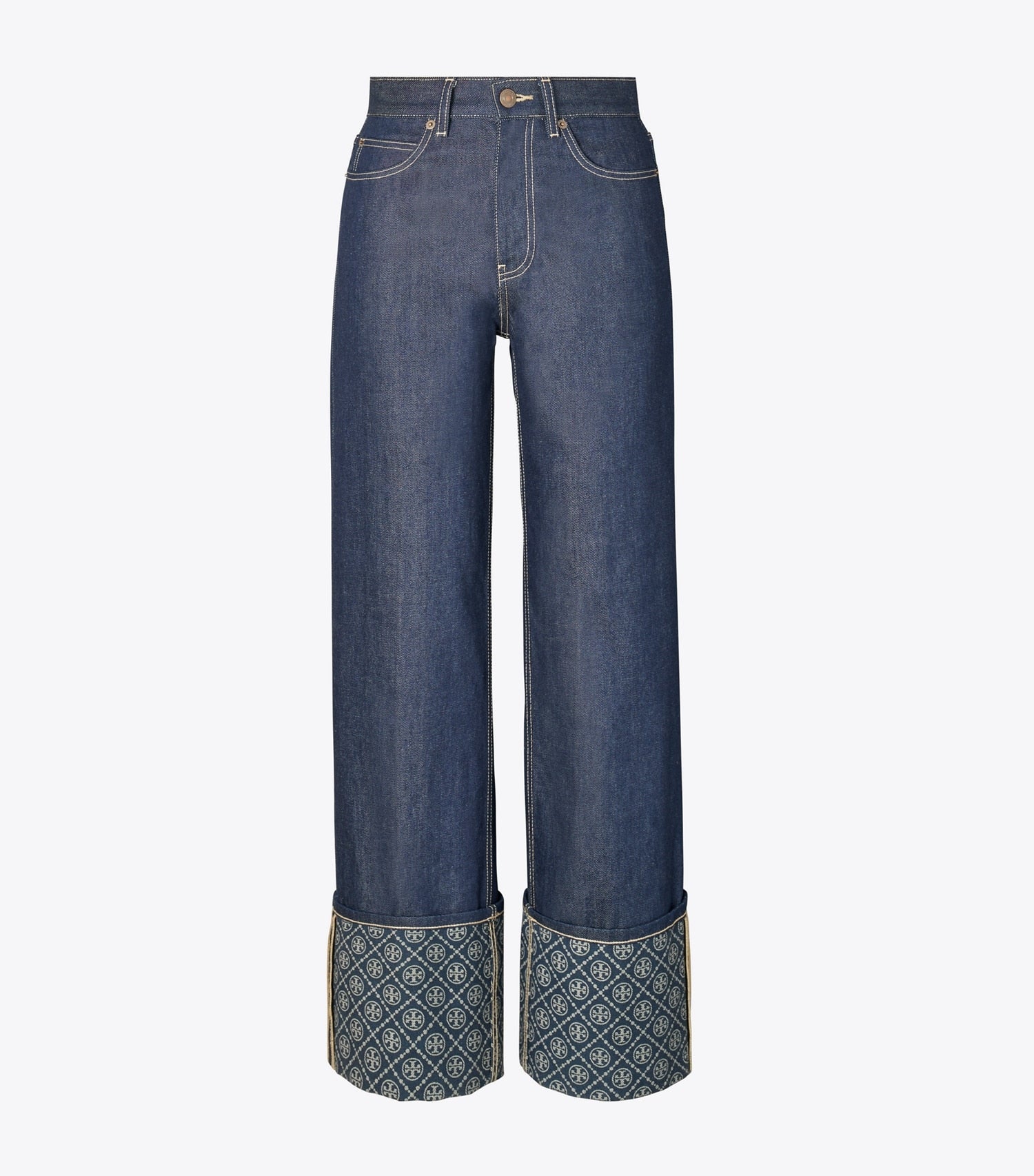 Tory Burch T Monogram Contrast Cuff Straight Leg Jean - Raw/Unwashed