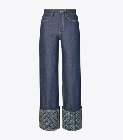 Tory Burch T Monogram Contrast Cuff Straight Leg Jean - Raw/Unwashed