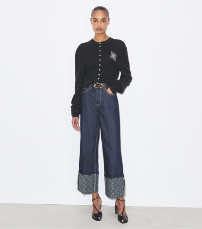 Tory Burch T Monogram Contrast Cuff Straight Leg Jean - Raw/Unwashed