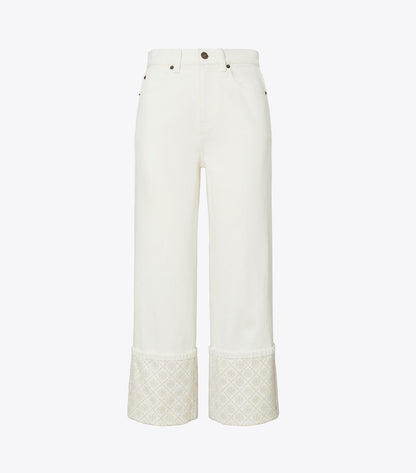 Tory Burch T Monogram Contrast Cuff Cropped Jean - White