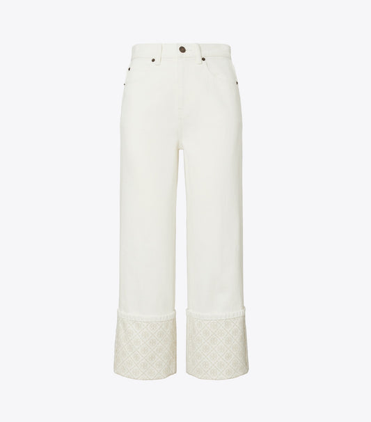 Tory Burch T Monogram Contrast Cuff Cropped Jean - White