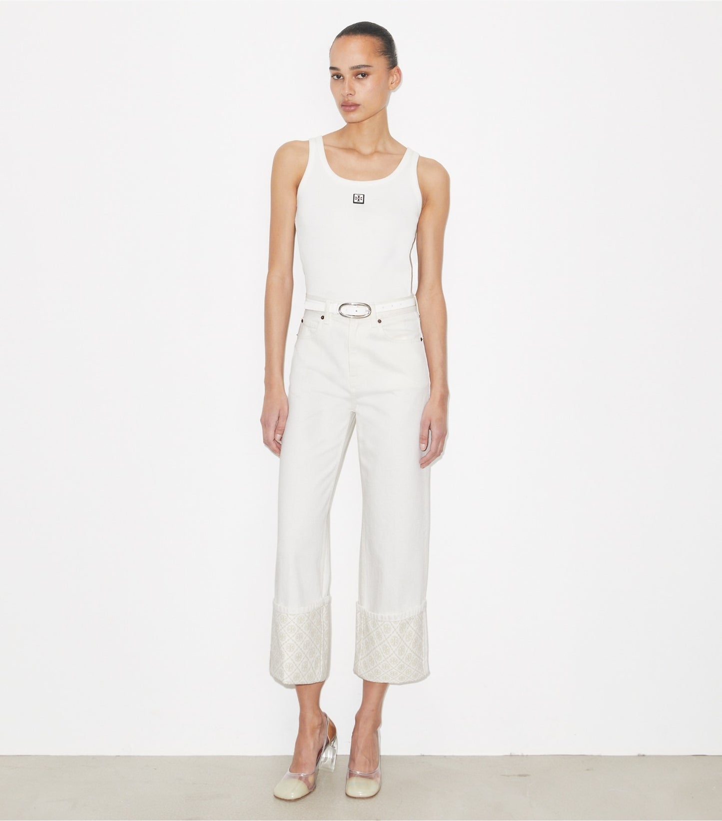 Tory Burch T Monogram Contrast Cuff Cropped Jean - White
