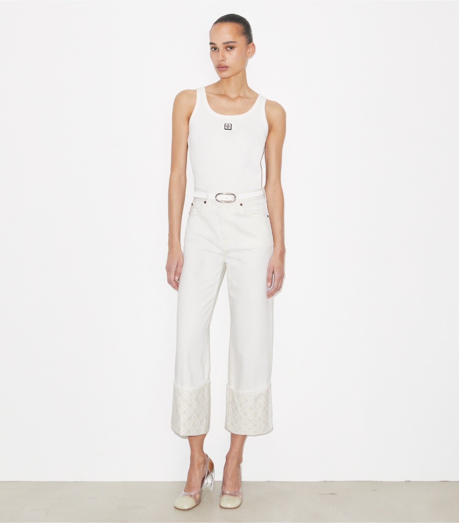 Tory Burch T Monogram Contrast Cuff Cropped Jean - White