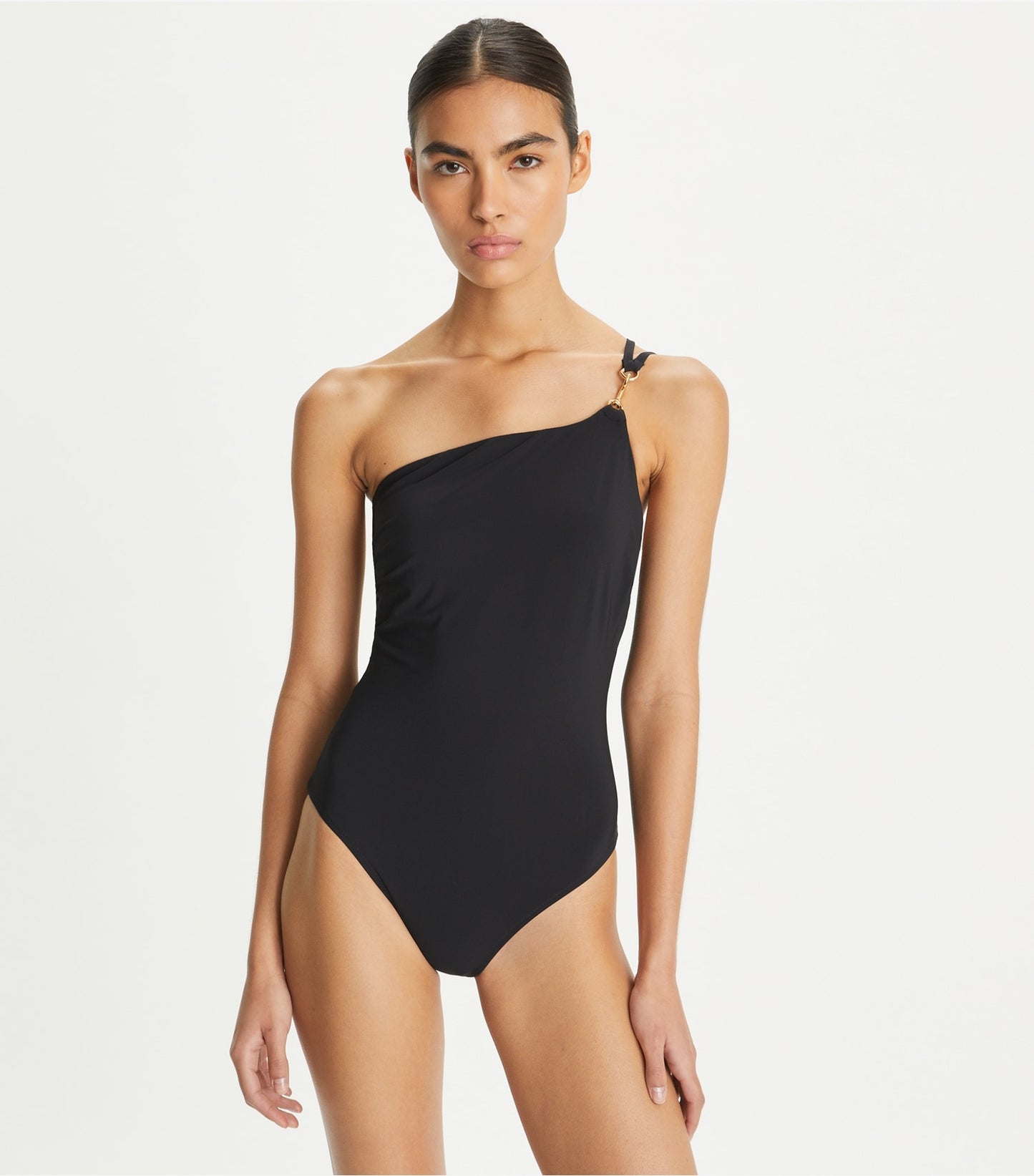 Tory Burch One-Shoulder Clip Swimsuit - Black