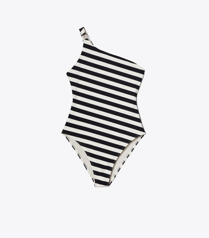 Tory Burch One Shoulder Striped Swimsuit - Black / Ivory