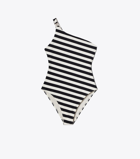 Tory Burch One Shoulder Striped Swimsuit - Black / Ivory