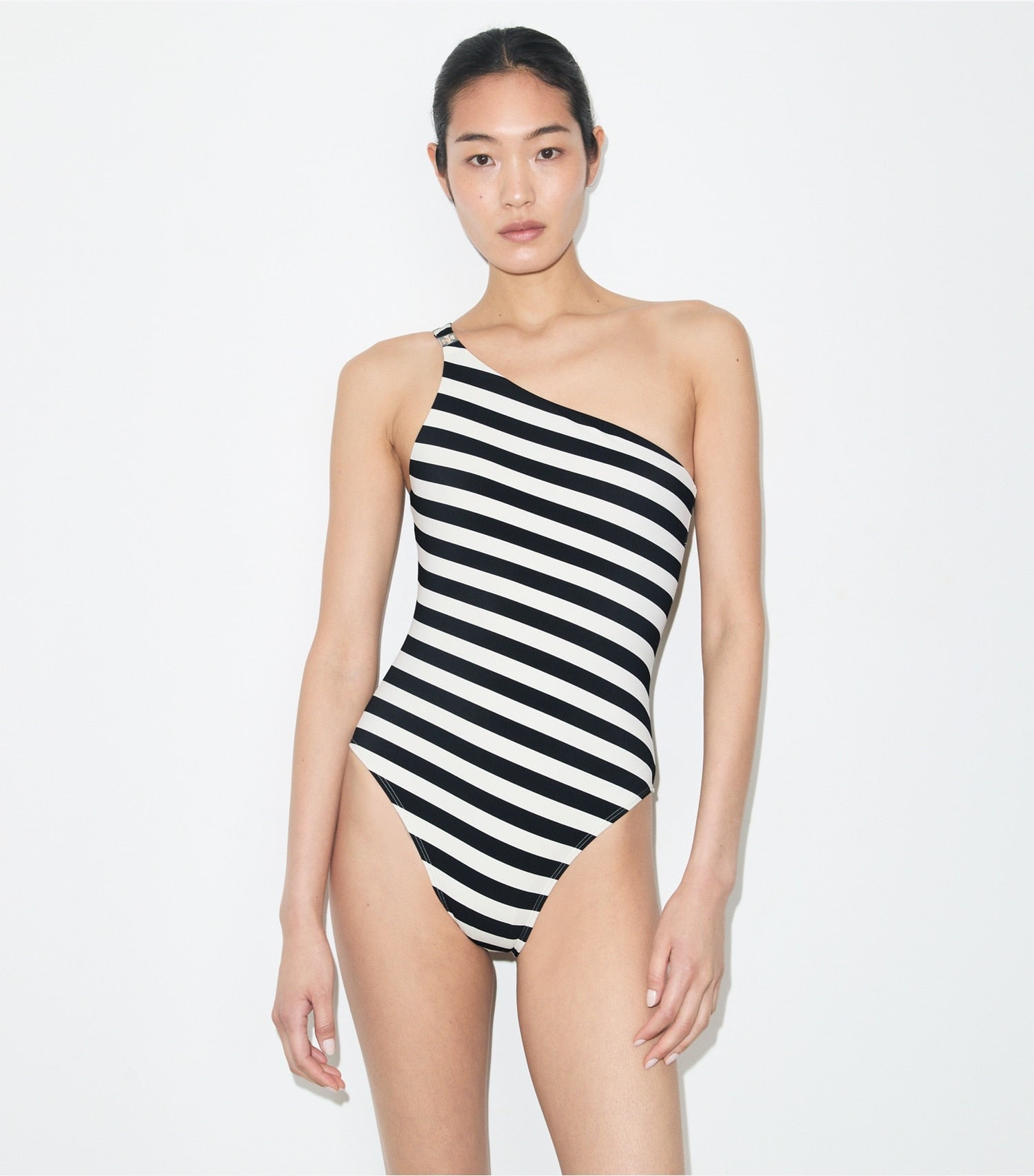 Tory Burch One Shoulder Striped Swimsuit - Black / Ivory