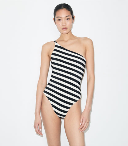 Tory Burch One Shoulder Striped Swimsuit - Black / Ivory