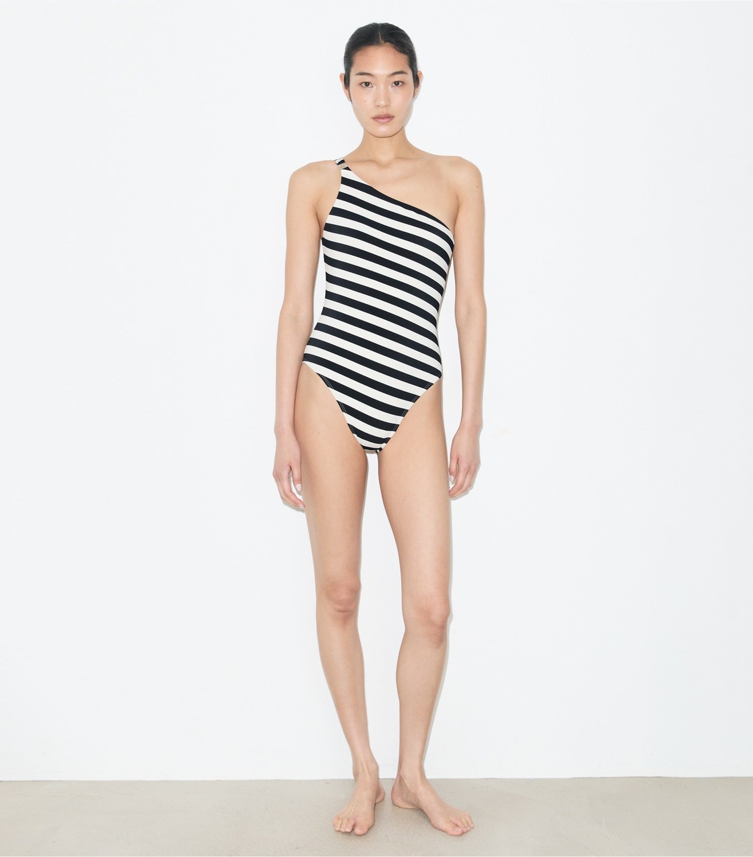Tory Burch One Shoulder Striped Swimsuit - Black / Ivory