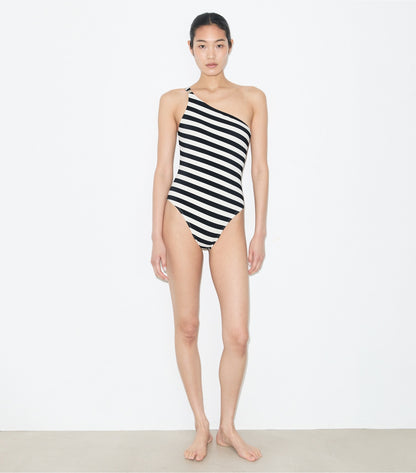 Tory Burch One Shoulder Striped Swimsuit - Black / Ivory