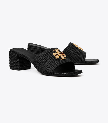 Tory Burch Eleanor Raffia Heeled Sandal - Black / Gold
