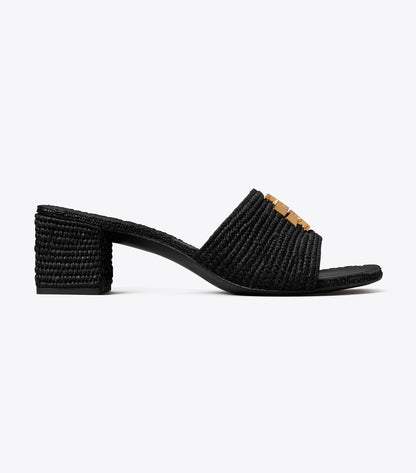 Tory Burch Eleanor Raffia Heeled Sandal - Black / Gold