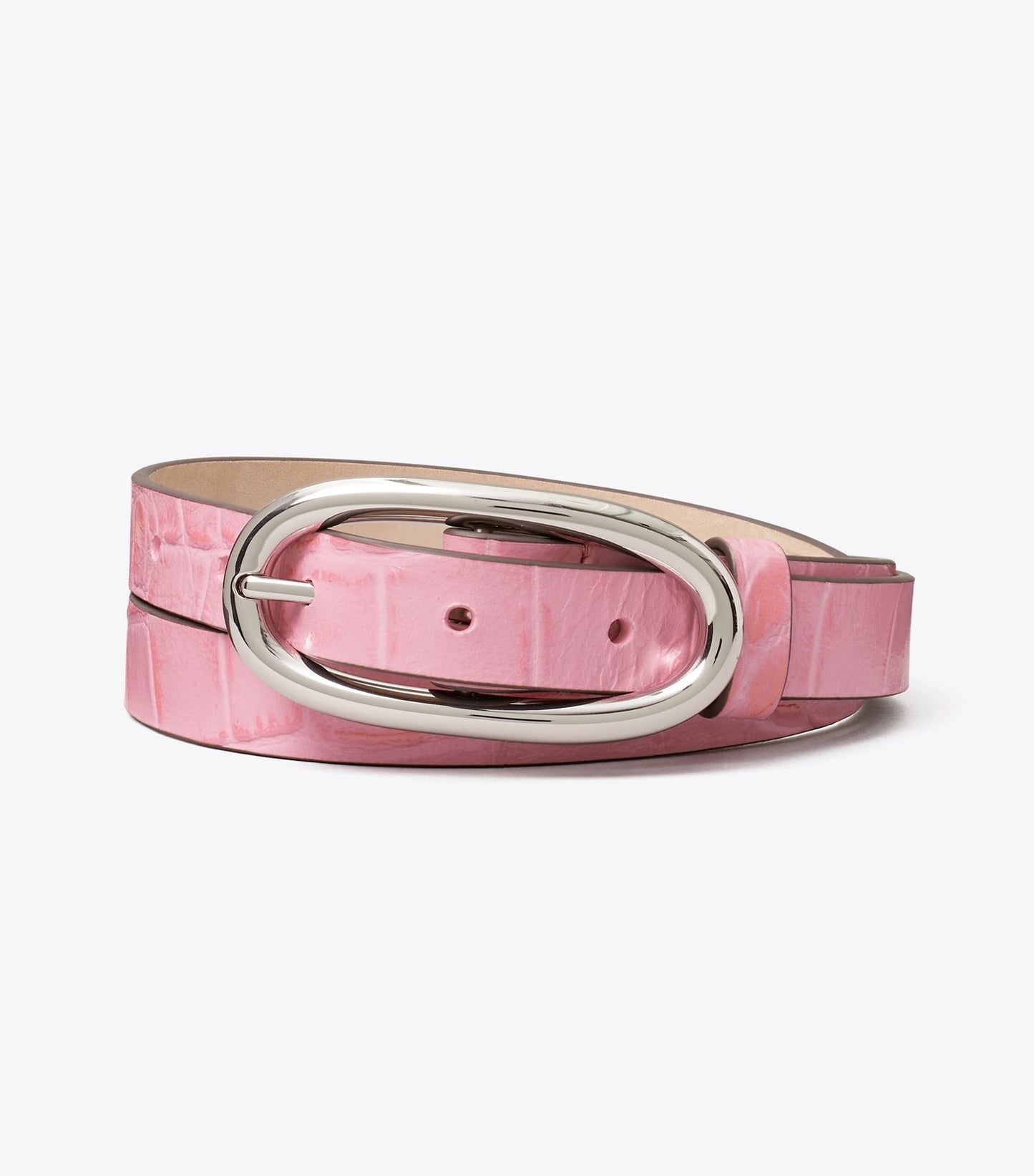Tory Burch Pierced Embossed Croc Large Buckle Belt - Rose Sunset / Silver