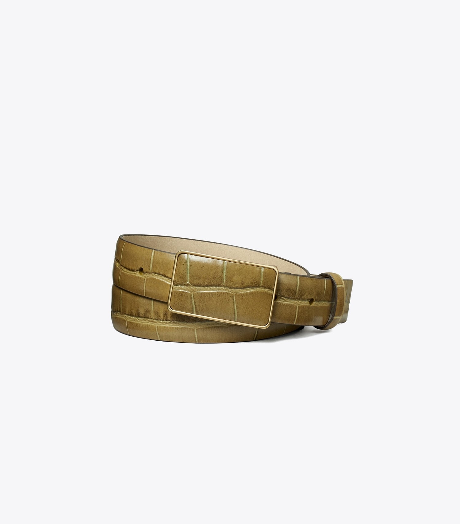 Tory Burch Plate Croc-Embossed Belt - Coconut Shell/Gold