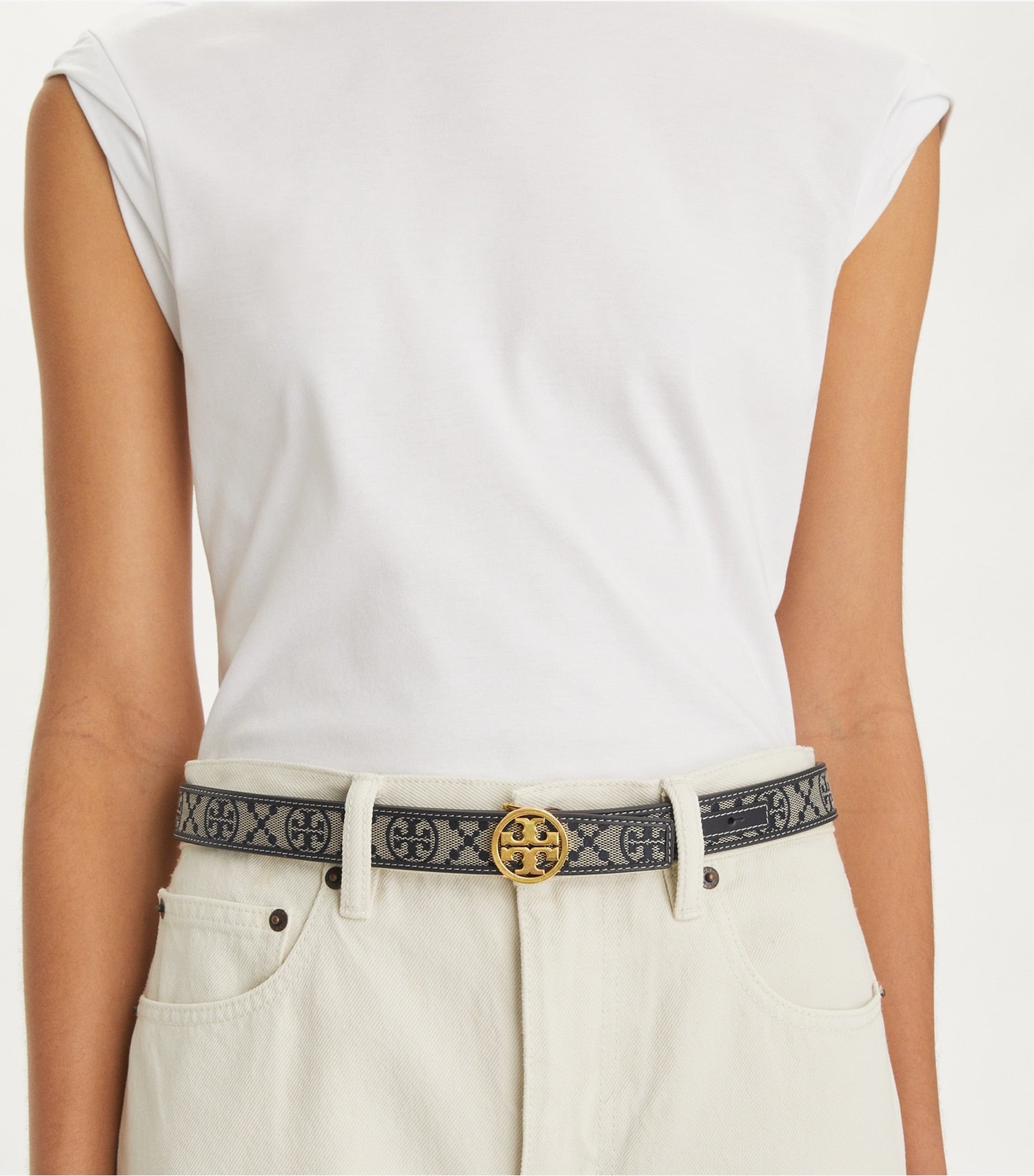 Tory Burch 1" T MONOGRAM MILLER BELT - Tory Navy/Gold