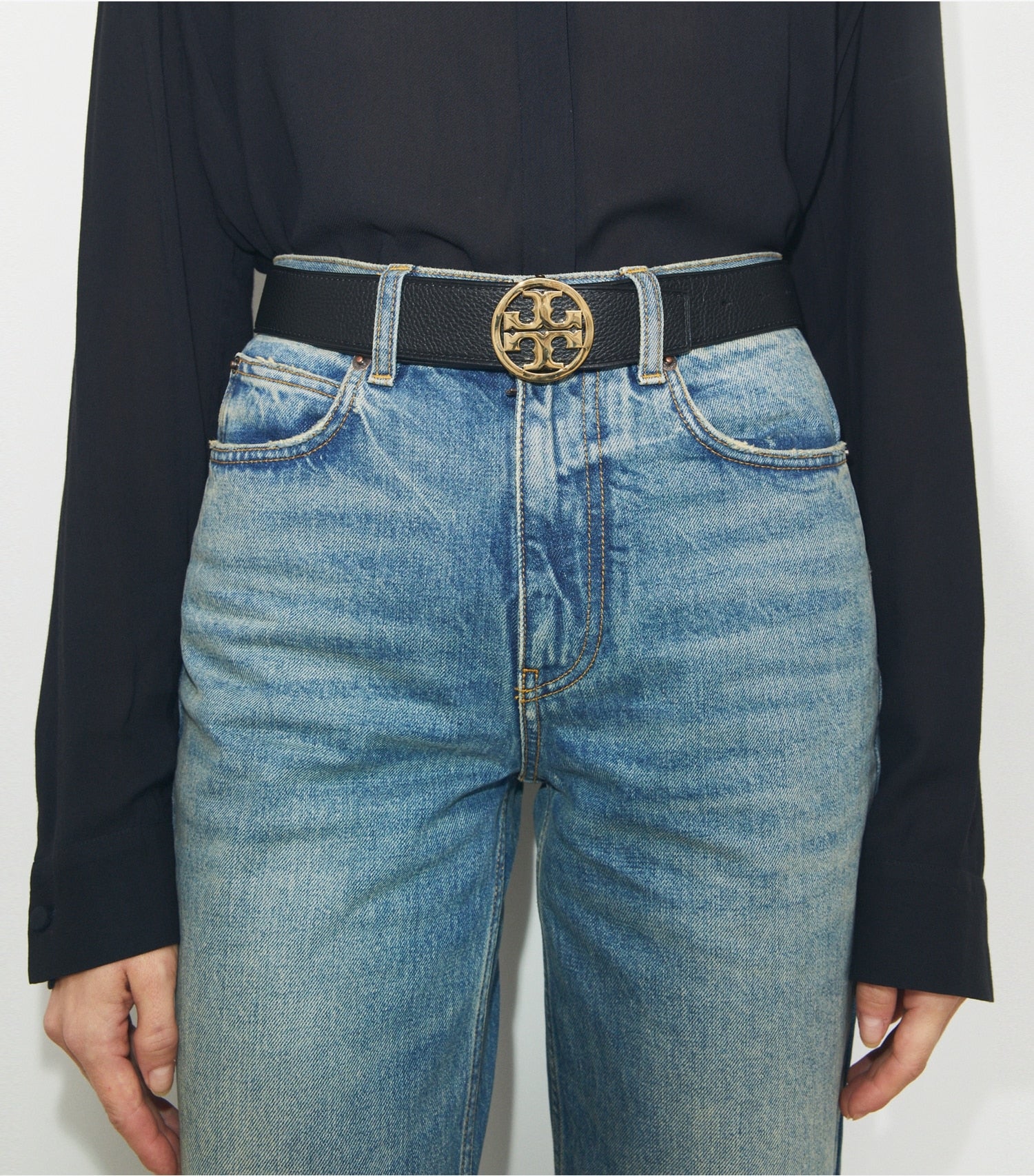 Tory Burch 1.5" MILLER REVERSIBLE BELT - Black / Classic Cuoio / Gold
