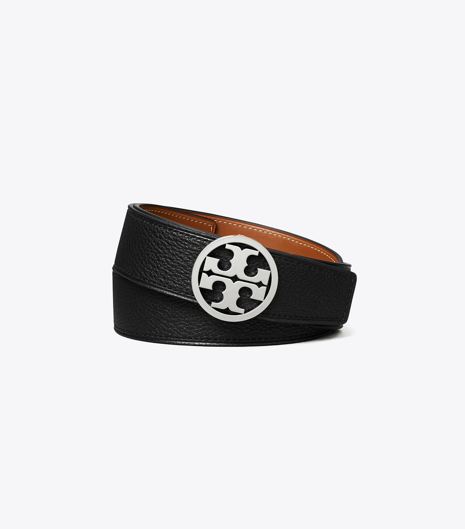 Tory Burch 1.5" MILLER REVERSIBLE BELT - Black / Classic Cuoio / Silver