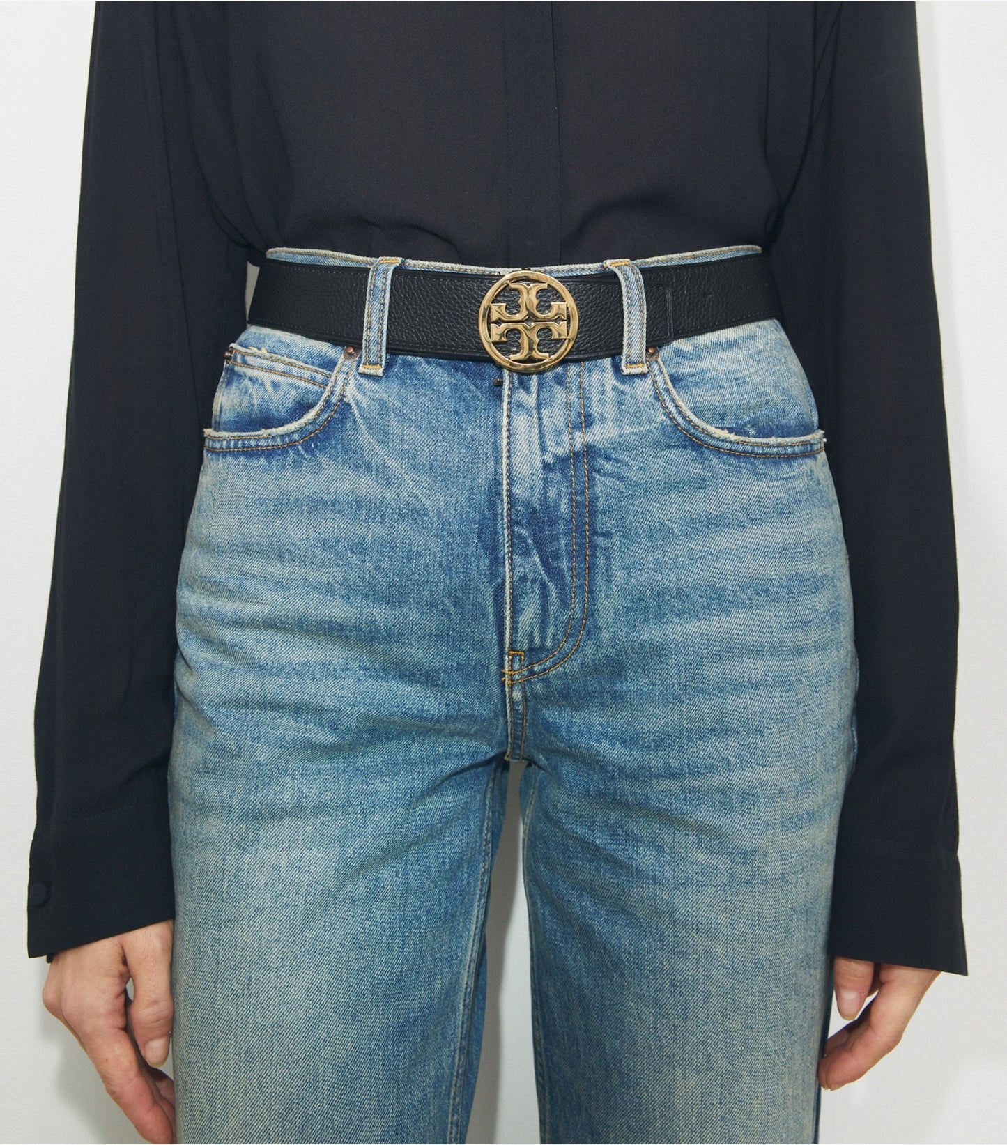 Tory Burch 1.5" MILLER REVERSIBLE BELT - Black / Classic Cuoio / Silver