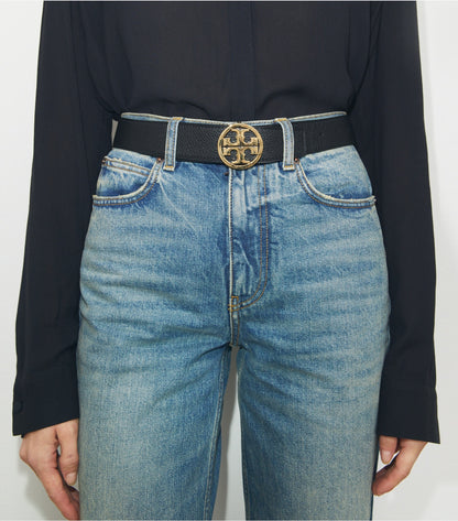 Tory Burch 1.5" MILLER REVERSIBLE BELT - Black / Classic Cuoio / Silver