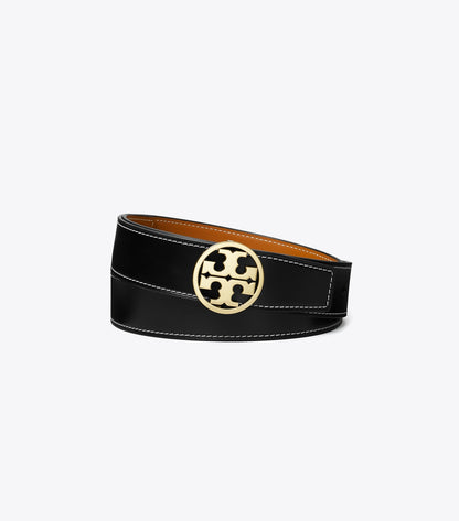 Tory Burch 1.5" MILLER SMOOTH REVERSIBLE BELT - Black / Malt Whiskey / Gold