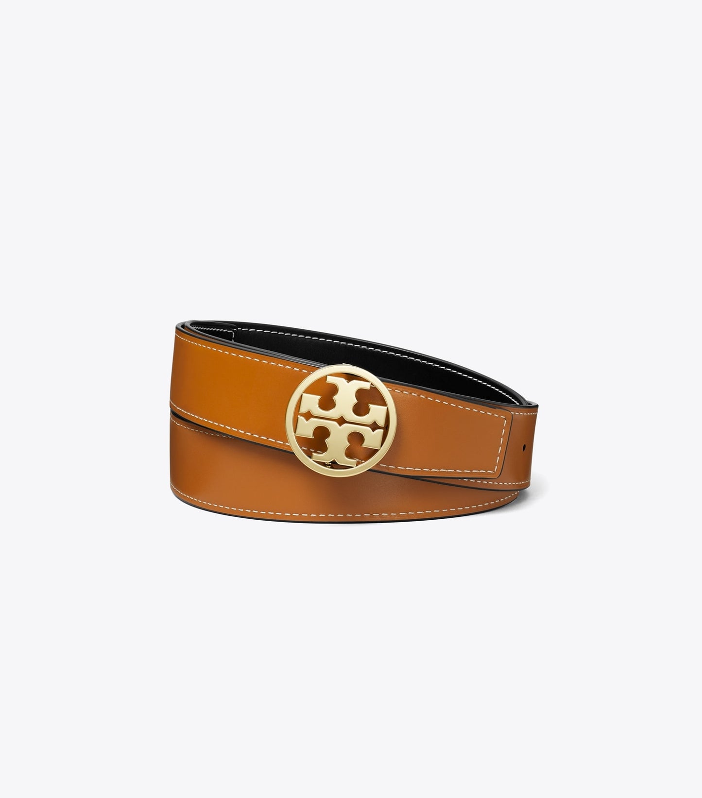 Tory Burch 1.5" MILLER SMOOTH REVERSIBLE BELT - Black / Malt Whiskey / Gold