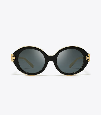 Tory Burch Eleanor Oval Sunglasses - Black/Ivory/Dark Grey Solid