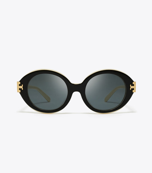 Tory Burch Eleanor Oval Sunglasses - Black/Ivory/Dark Grey Solid