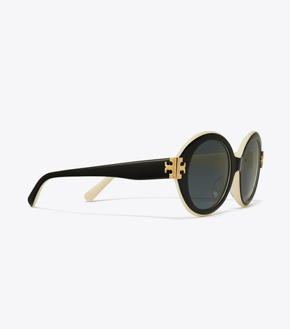 Tory Burch Eleanor Oval Sunglasses - Black/Ivory/Dark Grey Solid