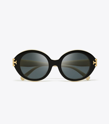 Tory Burch Eleanor Oval Sunglasses - Black/Ivory/Dark Grey Solid