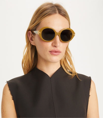 Tory Burch Eleanor Oval Sunglasses - Black/Ivory/Dark Grey Solid