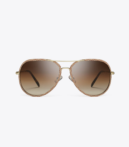 Tory Burch Eleanor Pilot Sunglasses - Light Gold/T Monogram/Brown Gradient