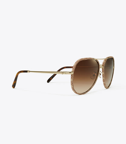 Tory Burch Eleanor Pilot Sunglasses - Light Gold/T Monogram/Brown Gradient