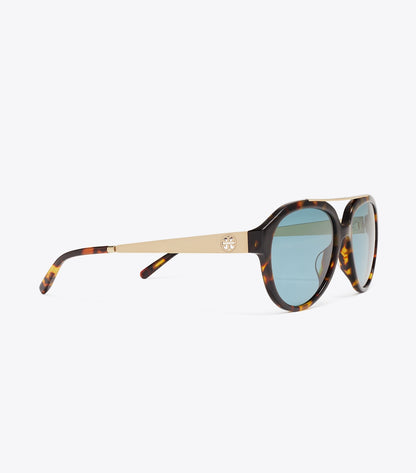 Tory Burch Miller Pilot Sunglasses - Tortoise/Petrol Green